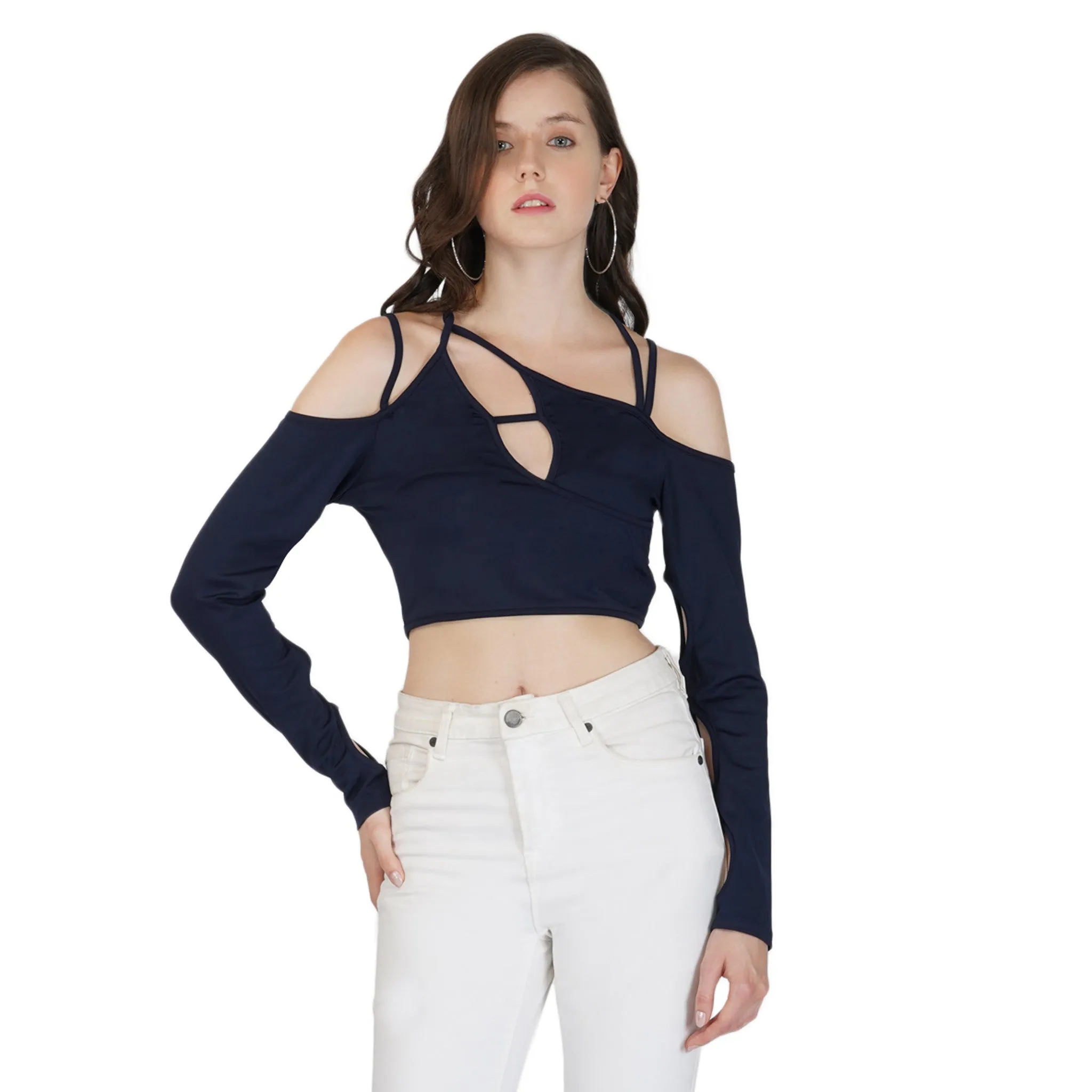 SLAY. Women's Cutout Long Sleeve Asymmetrical Crop Top Navy Blue