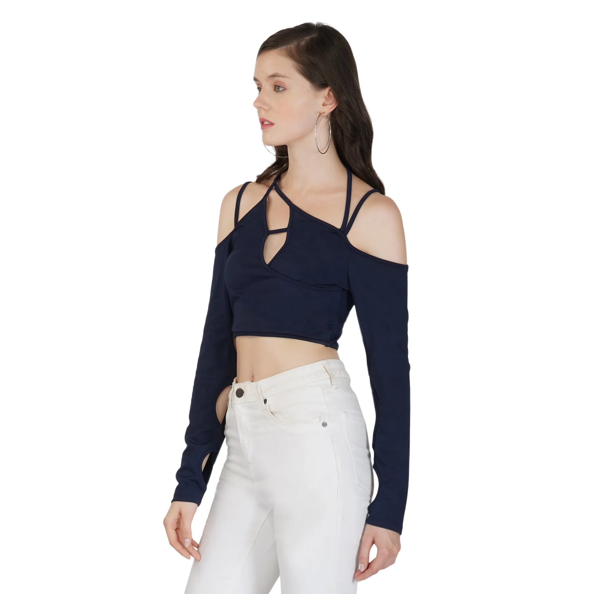 SLAY. Women's Cutout Long Sleeve Asymmetrical Crop Top Navy Blue