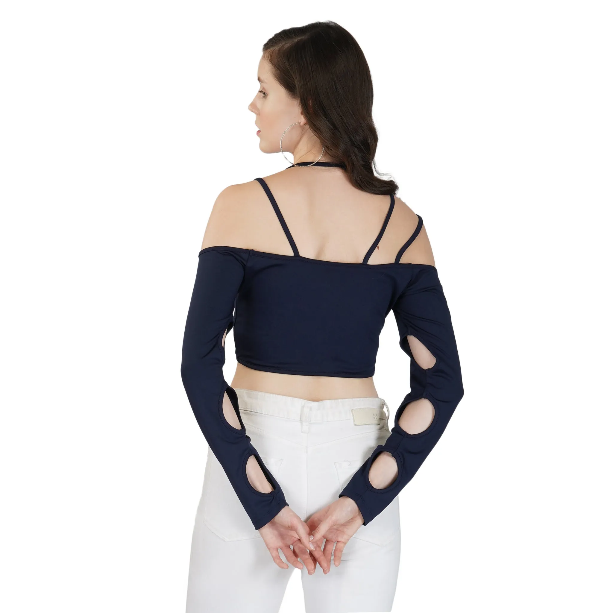 SLAY. Women's Cutout Long Sleeve Asymmetrical Crop Top Navy Blue