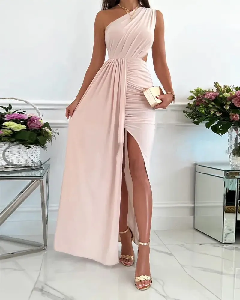 Sleeveless Slanted Shoulder Cutout Slit Dress