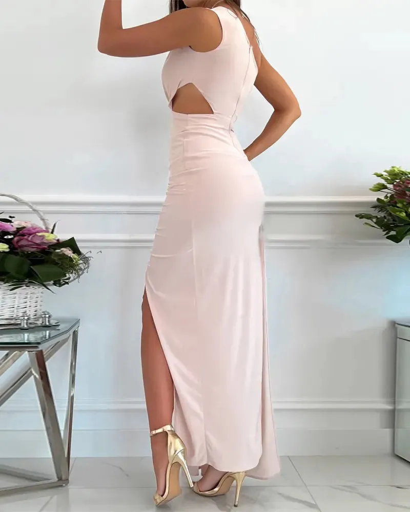 Sleeveless Slanted Shoulder Cutout Slit Dress