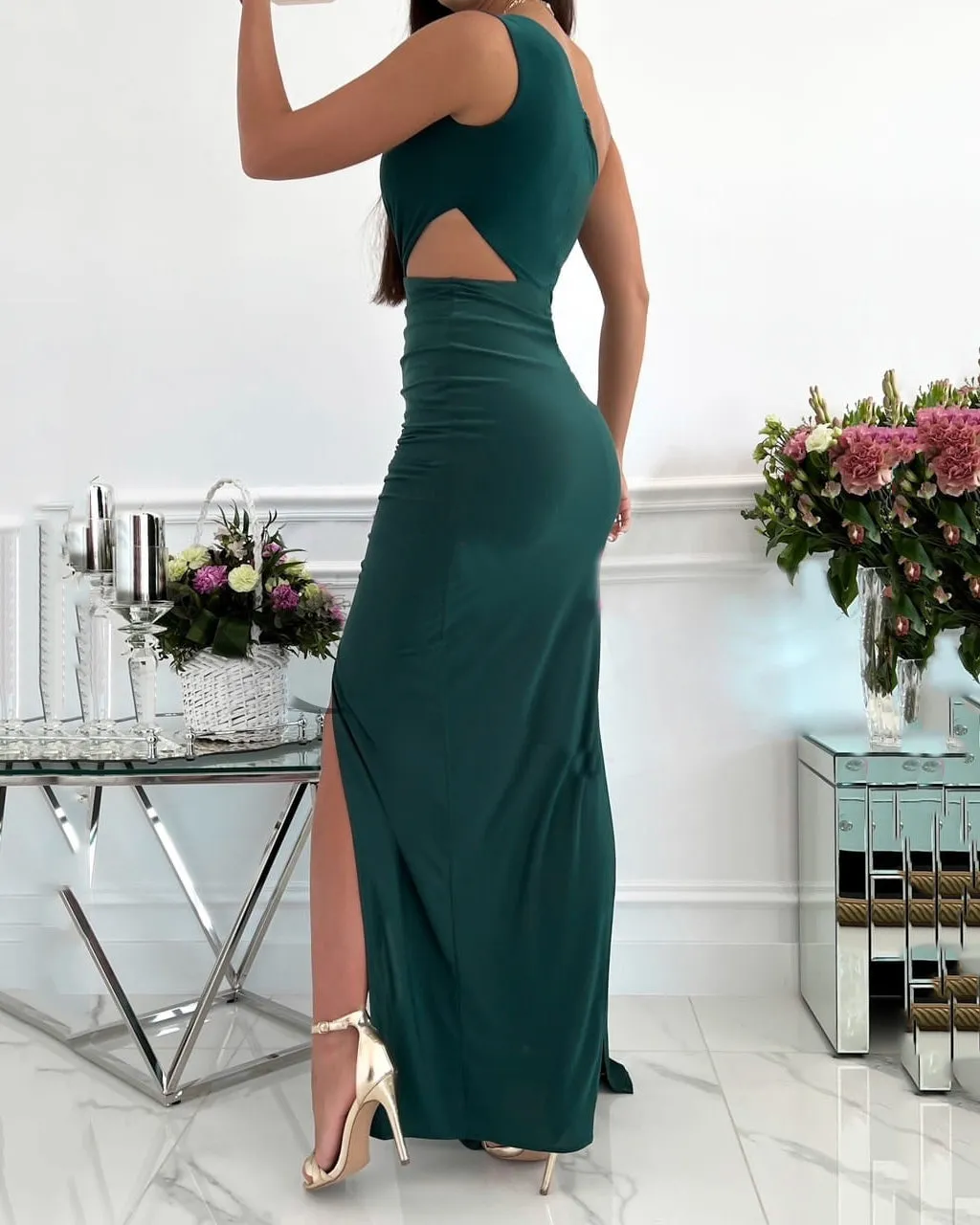 Sleeveless Slanted Shoulder Cutout Slit Dress