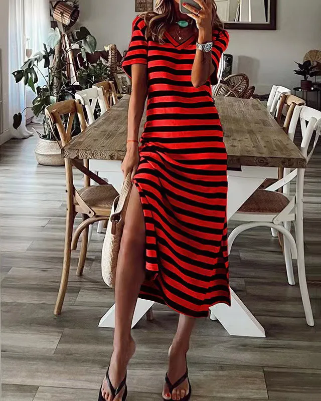 Striped Crew Neck Short Sleeve Dress