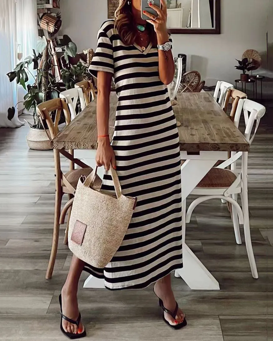 Striped Crew Neck Short Sleeve Dress