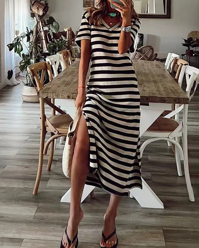 Striped Crew Neck Short Sleeve Dress