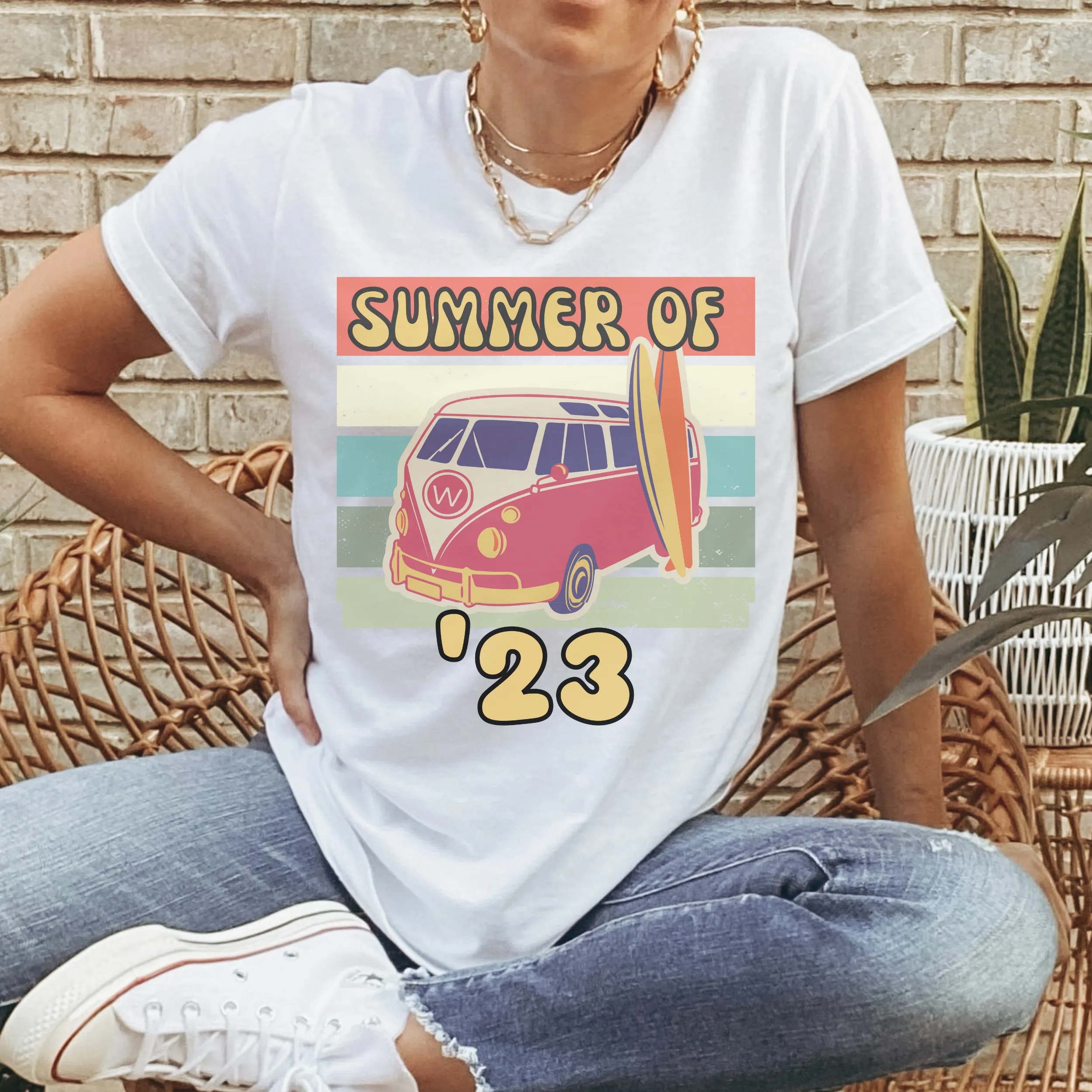 Summer of '23 T Shirt or Tank Women's White Retro Vintage Beach Tee or Racer-Back Tank July 4th Tee Cute Summer Vacation Shirt