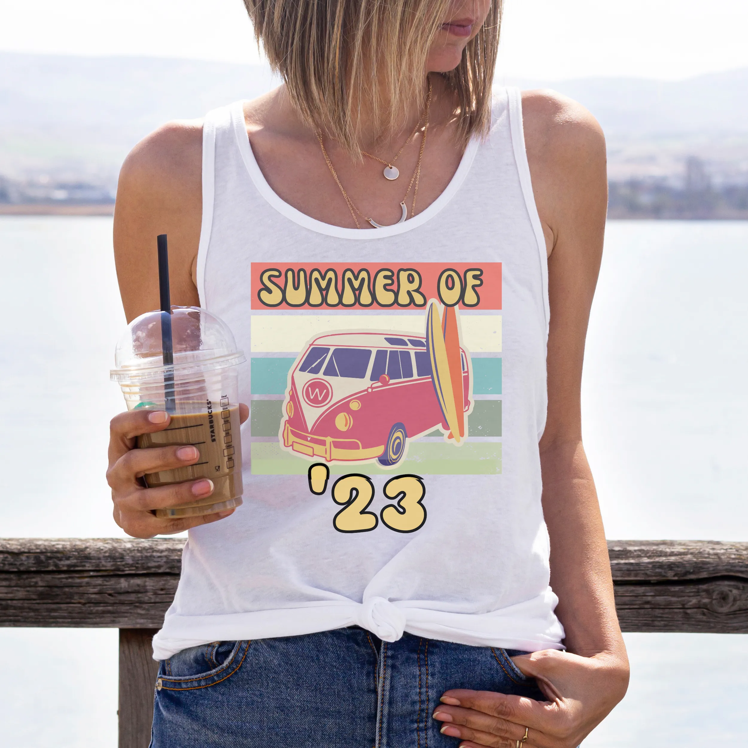 Summer of '23 T Shirt or Tank Women's White Retro Vintage Beach Tee or Racer-Back Tank July 4th Tee Cute Summer Vacation Shirt