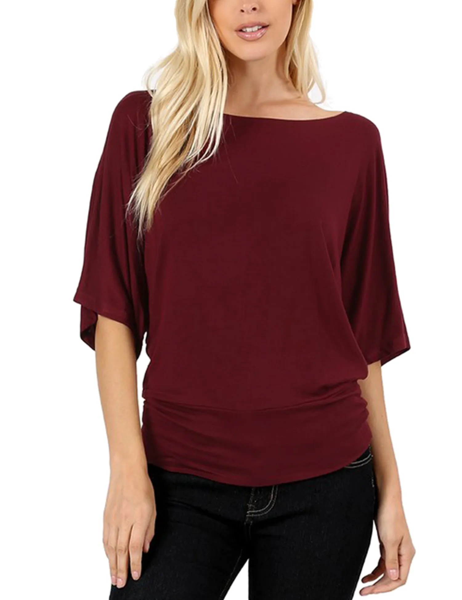 Trendy Dolman Kimono Sleeve Casual Drape Top T-Shirt (S-3X)