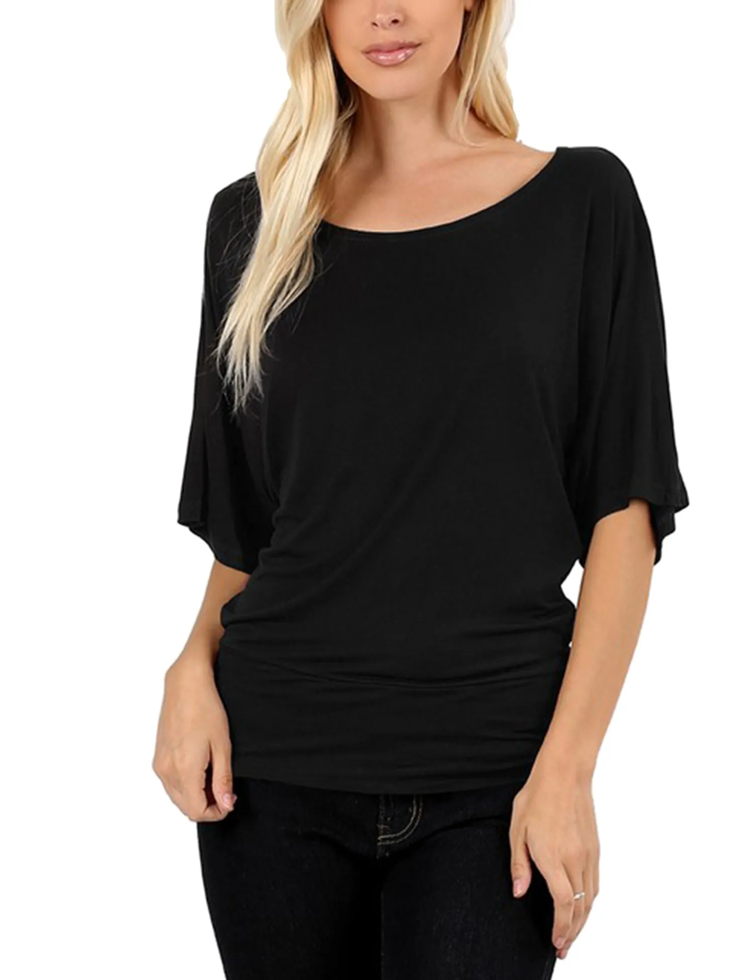 Trendy Dolman Kimono Sleeve Casual Drape Top T-Shirt (S-3X)