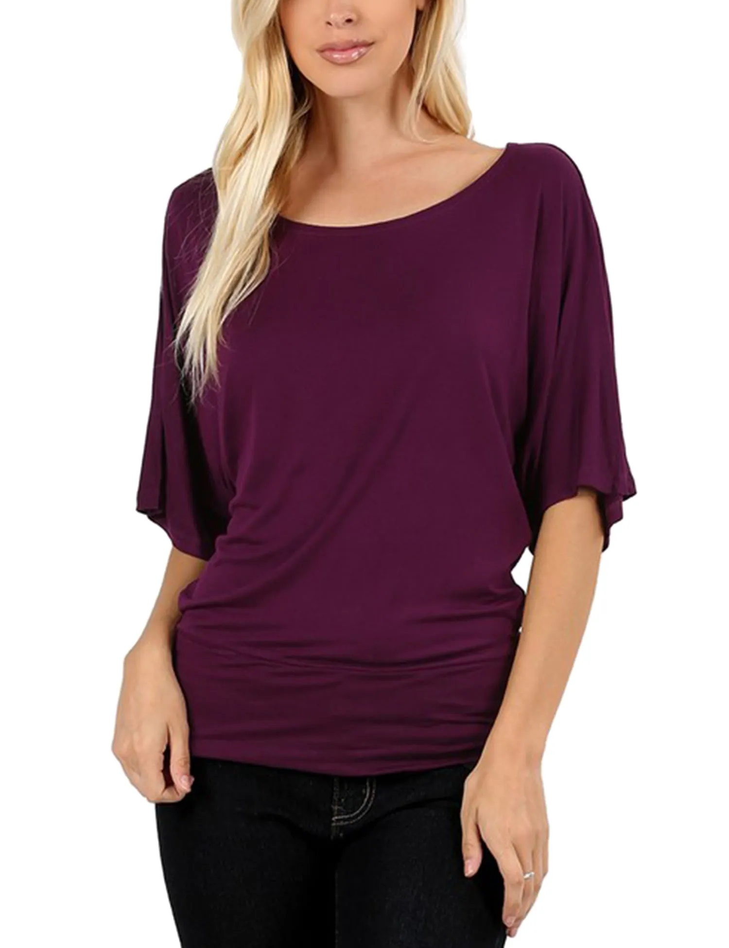 Trendy Dolman Kimono Sleeve Casual Drape Top T-Shirt (S-3X)