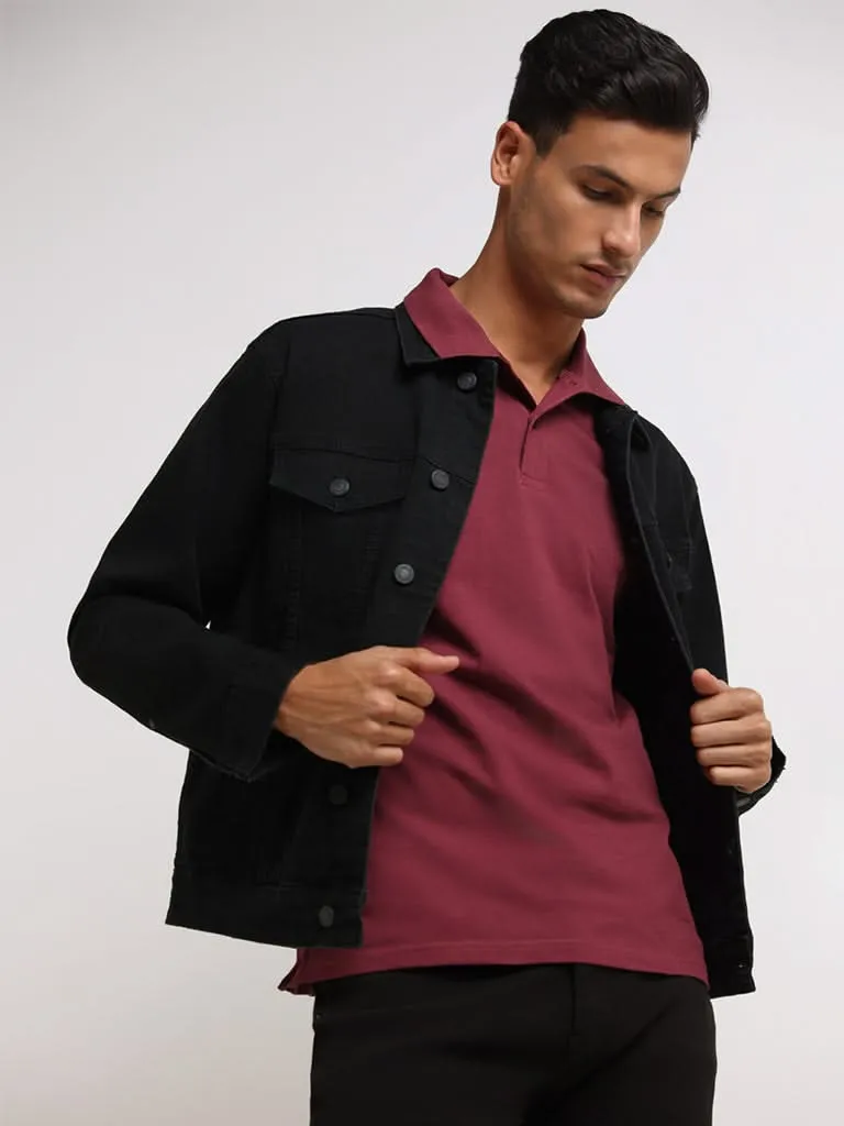 WES Casuals Burgundy Cotton Blend Slim Fit Polo T-Shirt