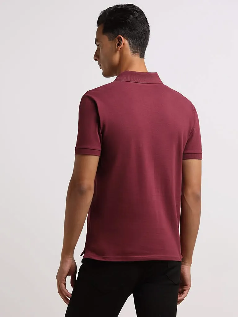 WES Casuals Burgundy Cotton Blend Slim Fit Polo T-Shirt