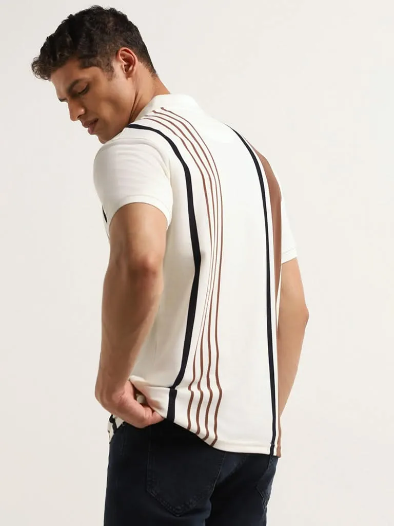 WES Casuals Cream Striped Cotton Blend Slim Fit Polo T-Shirt