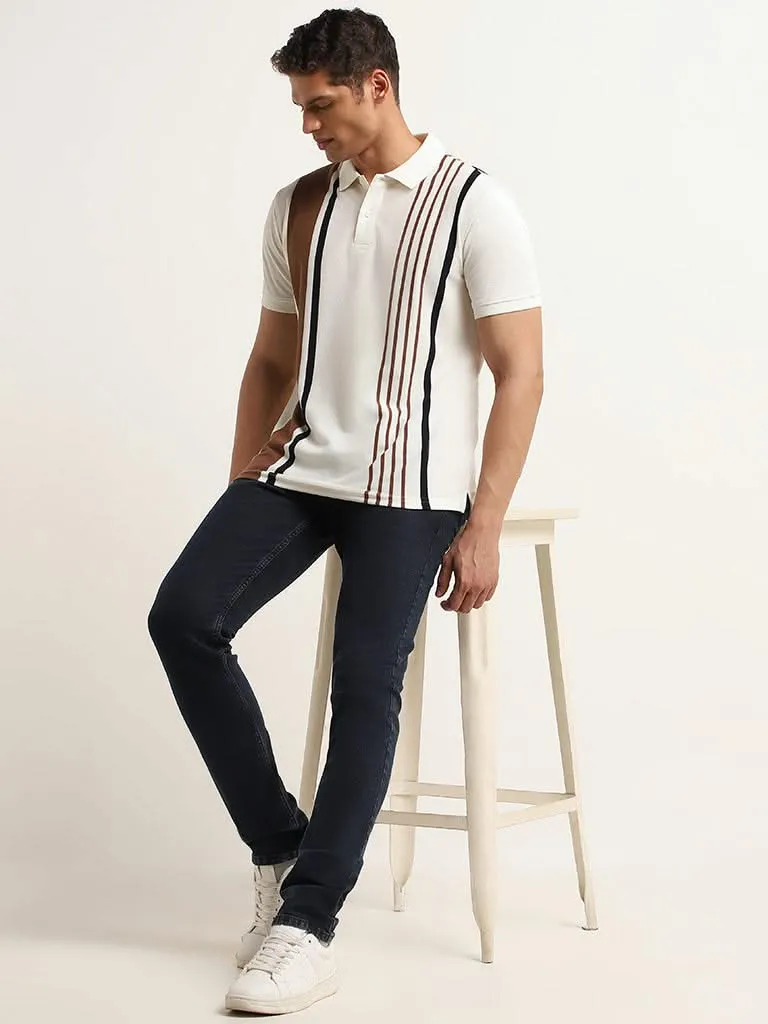 WES Casuals Cream Striped Cotton Blend Slim Fit Polo T-Shirt