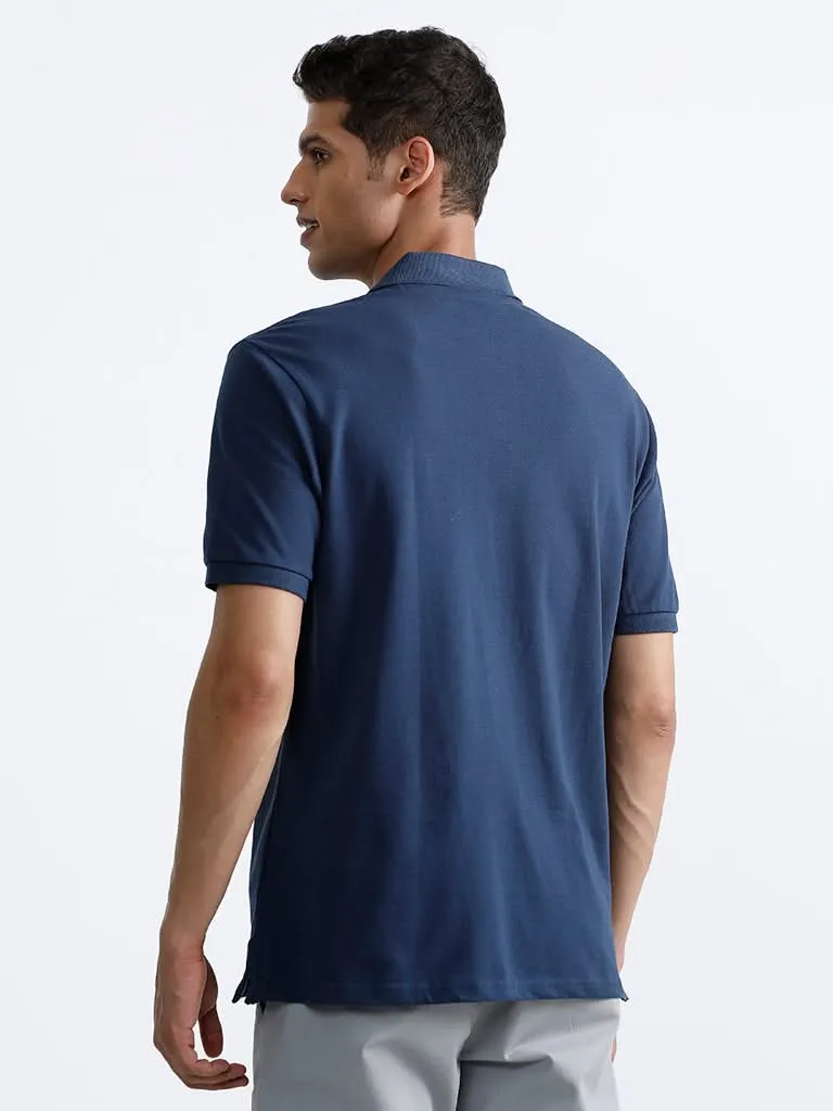 WES Casuals Dark Blue Polo Neck Cotton Blend Relaxed-Fit T-Shirt