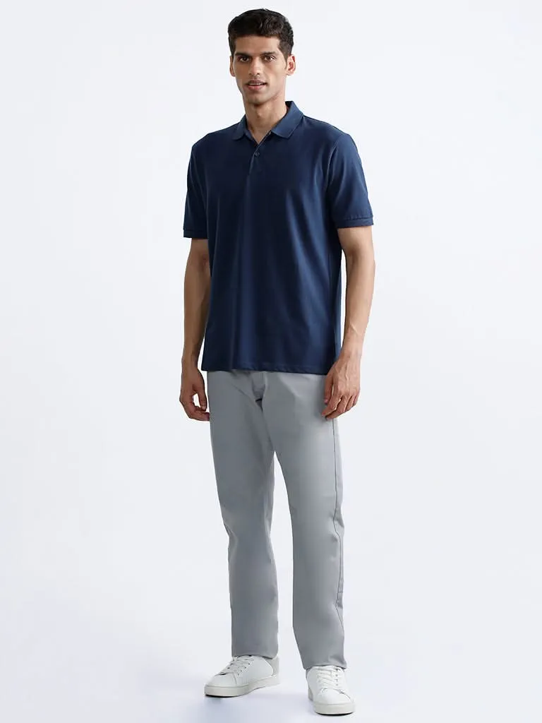 WES Casuals Dark Blue Polo Neck Cotton Blend Relaxed-Fit T-Shirt