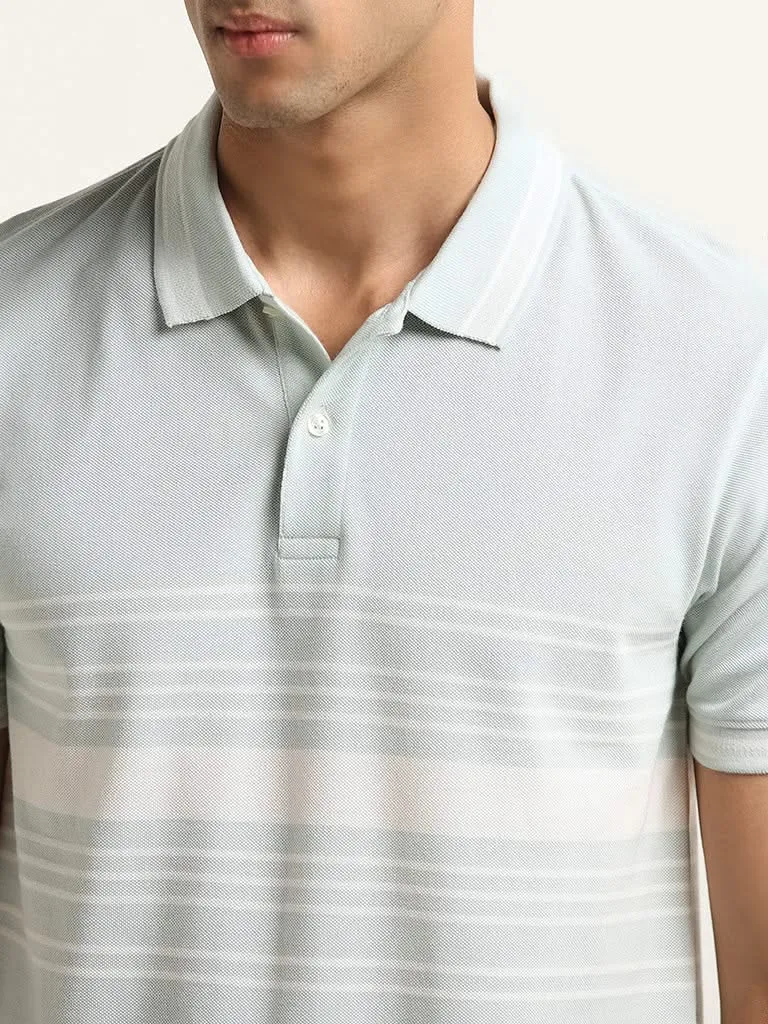 WES Casuals Mint Striped Design Slim Fit T-Shirt