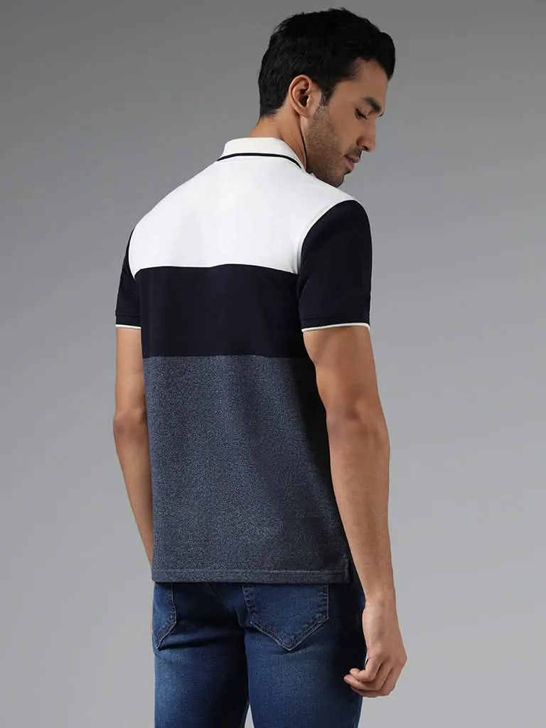 WES Casuals Navy Colorblock Slim-Fit Polo T-Shirt