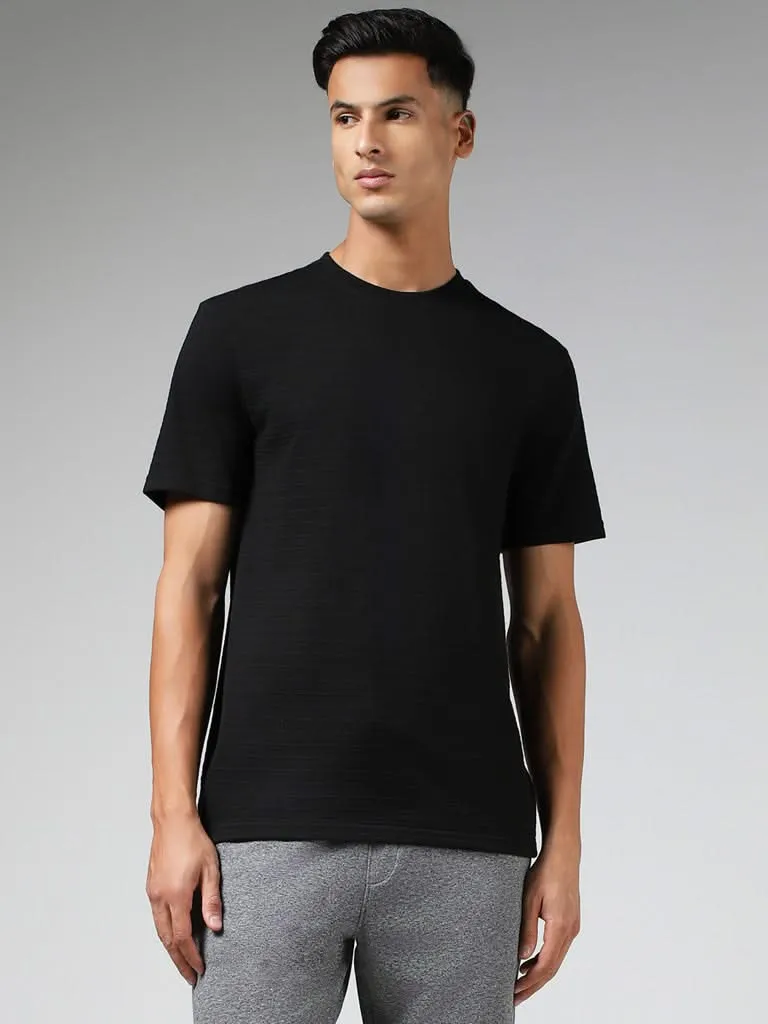 WES Lounge Black Self-Striped Cotton Blend Relaxed-Fit T-Shirt