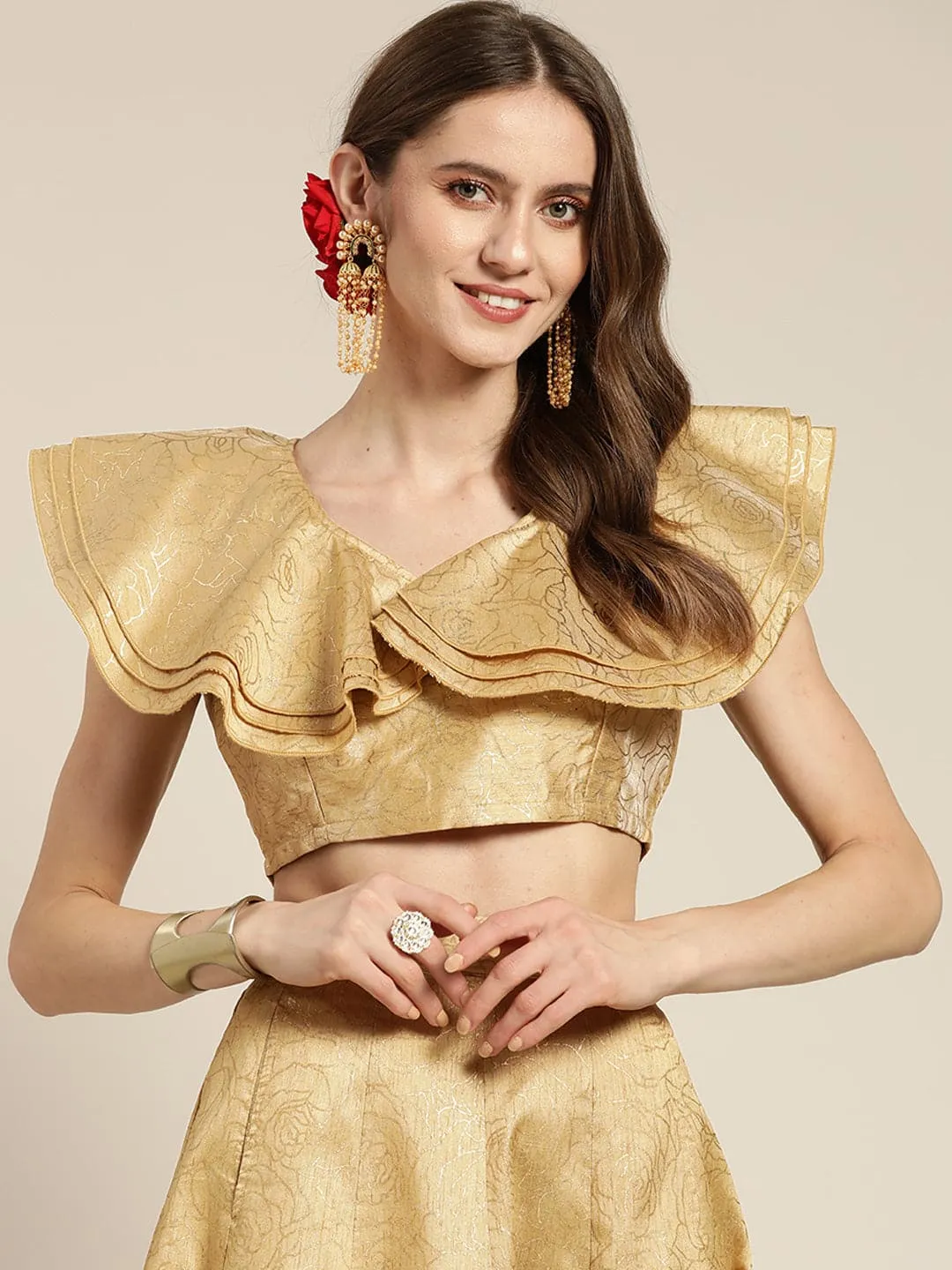 Women Gold Chanderi Foil V Neck Crop Top