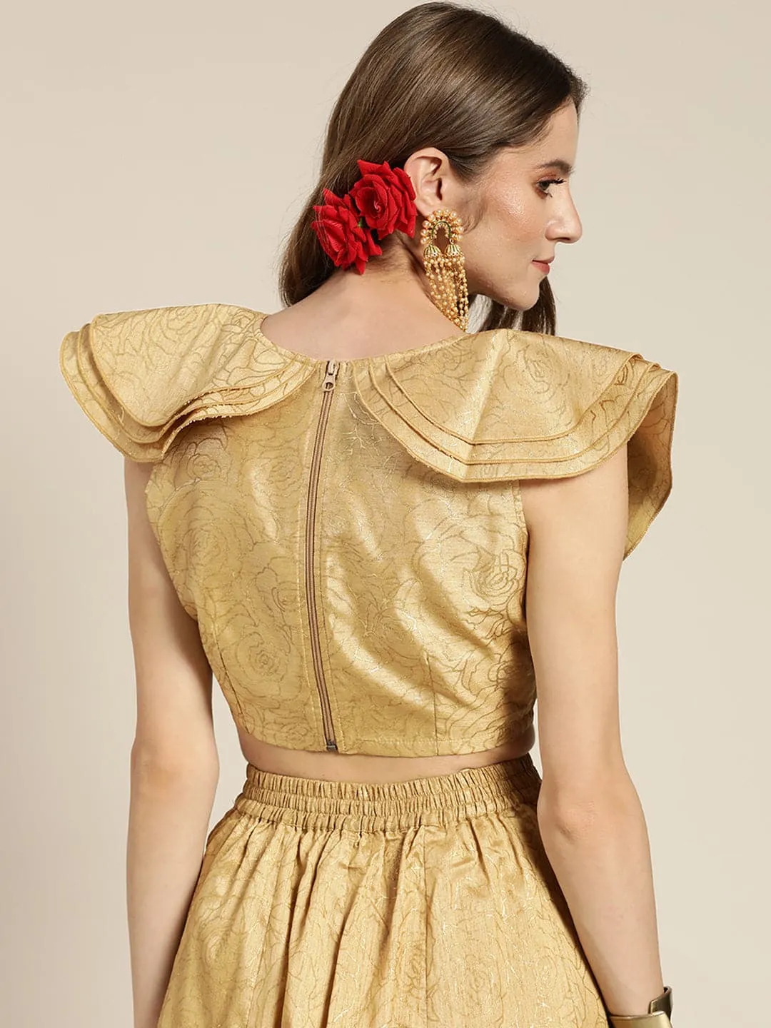 Women Gold Chanderi Foil V Neck Crop Top