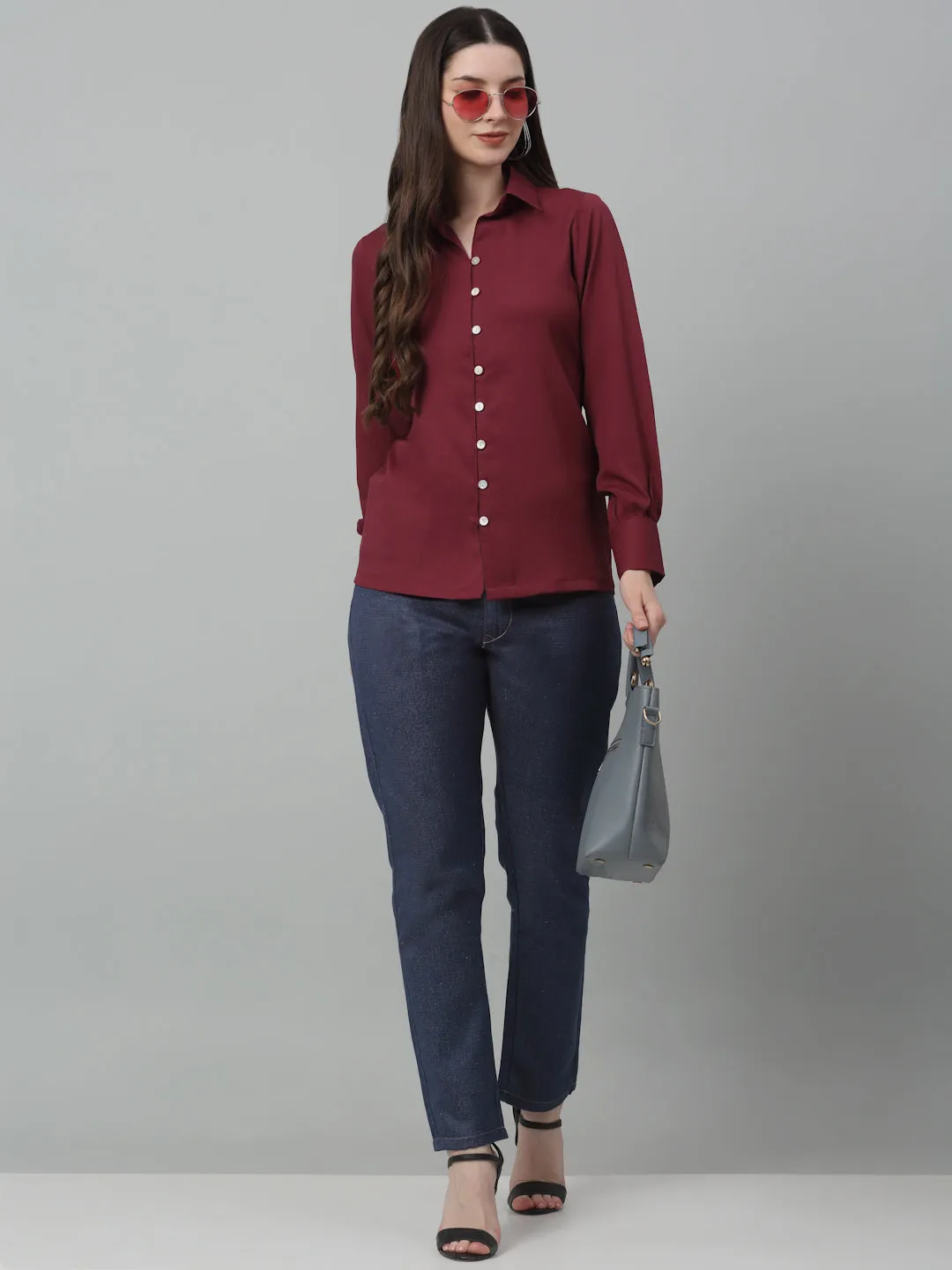 Women Maroon Solid Casual Shirt