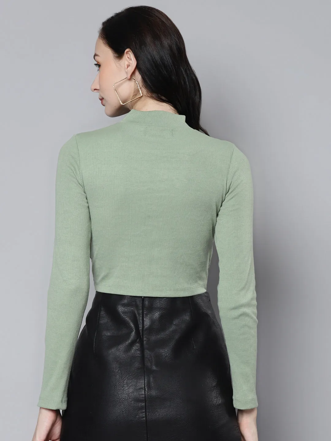 Women Olive Rib Front Cut Out Neck Crop Top