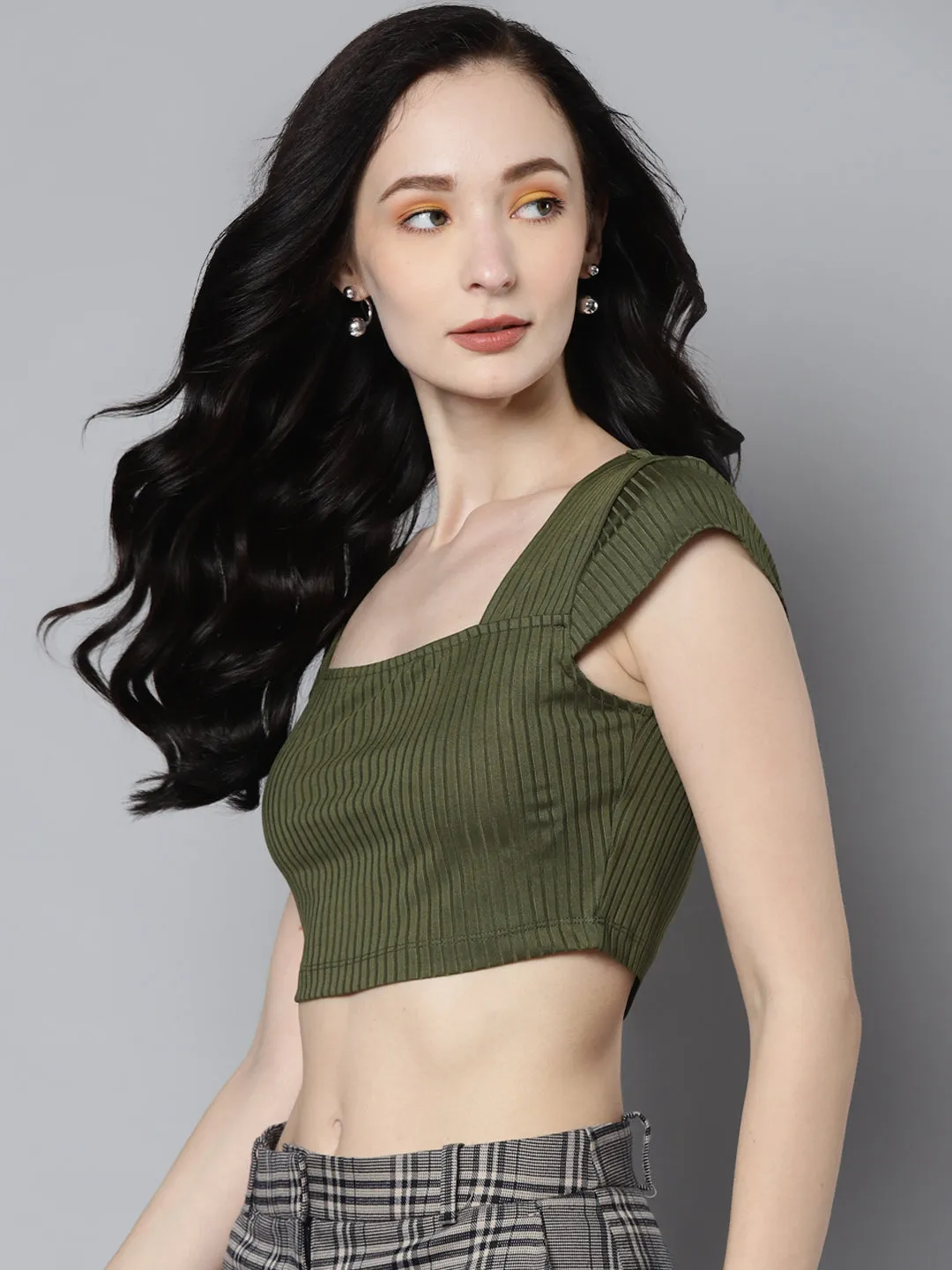 Women Olive Rib Square Neck Crop Top