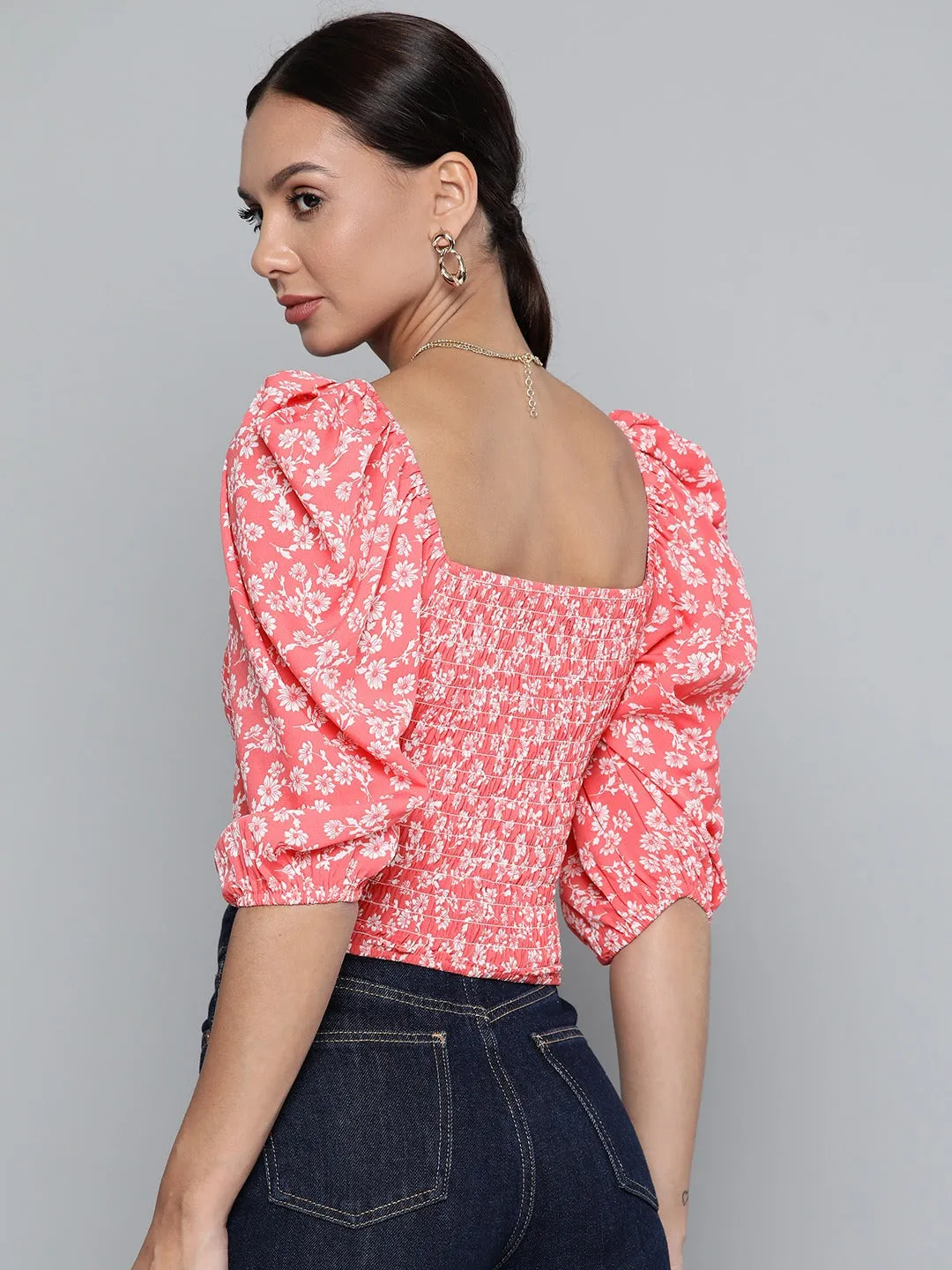 Women Pink Floral Smocking Crop Top