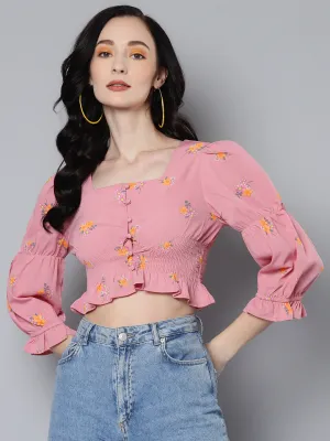 Women Pink Floral Smoked Crop Top