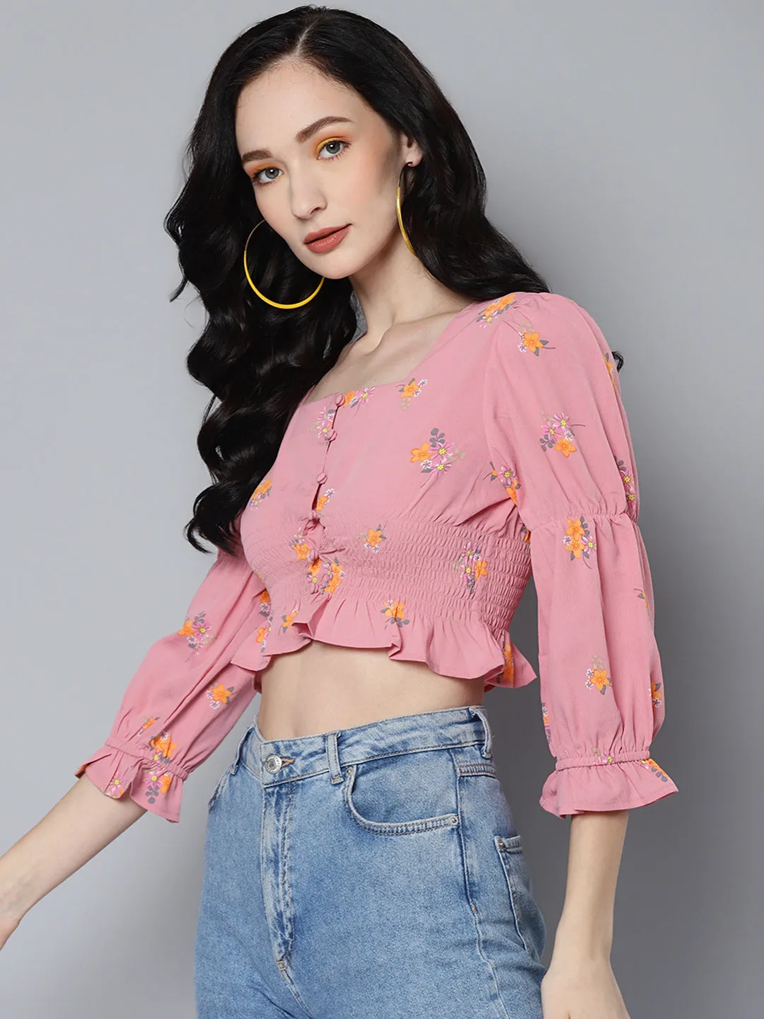 Women Pink Floral Smoked Crop Top