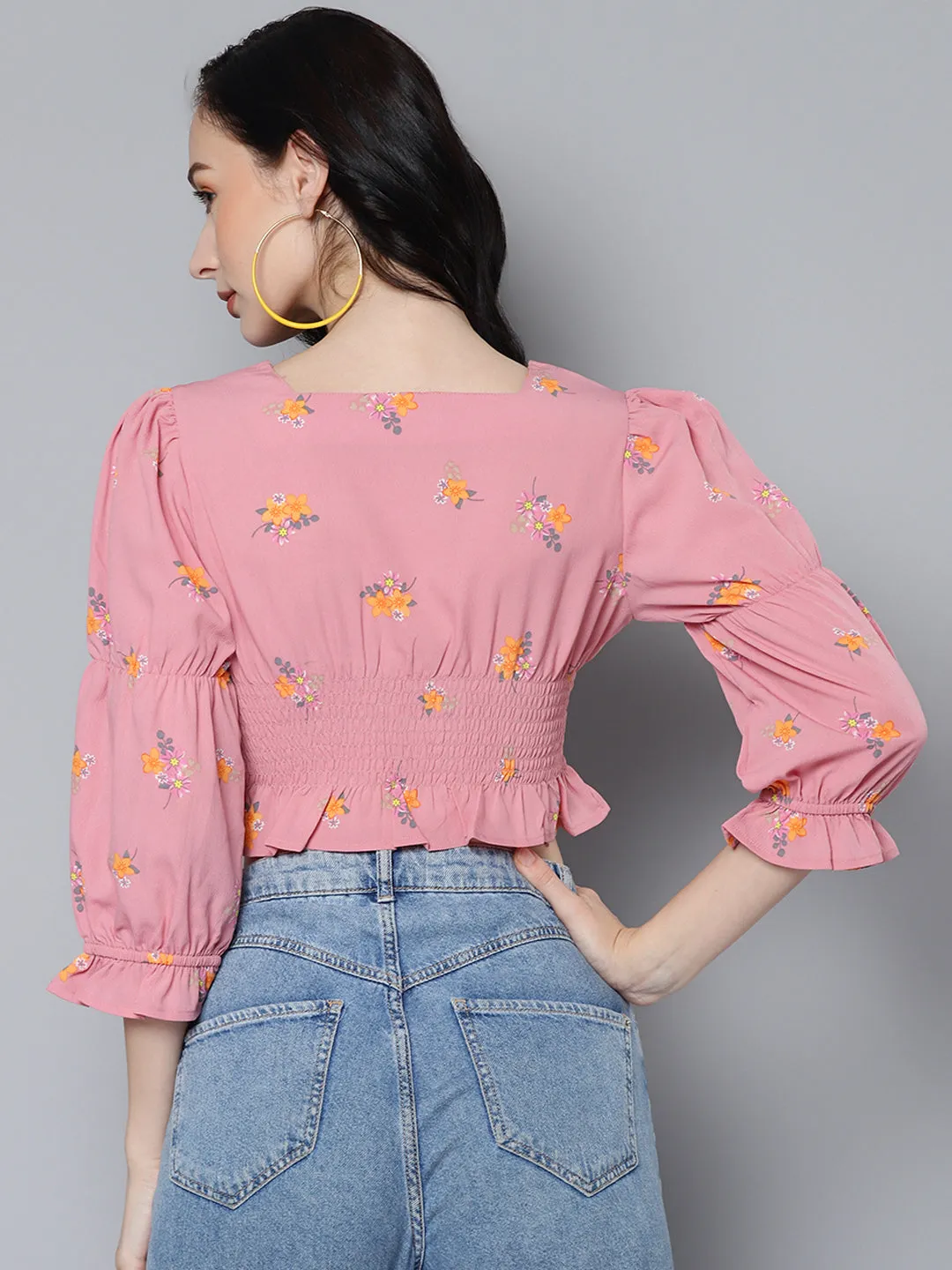 Women Pink Floral Smoked Crop Top