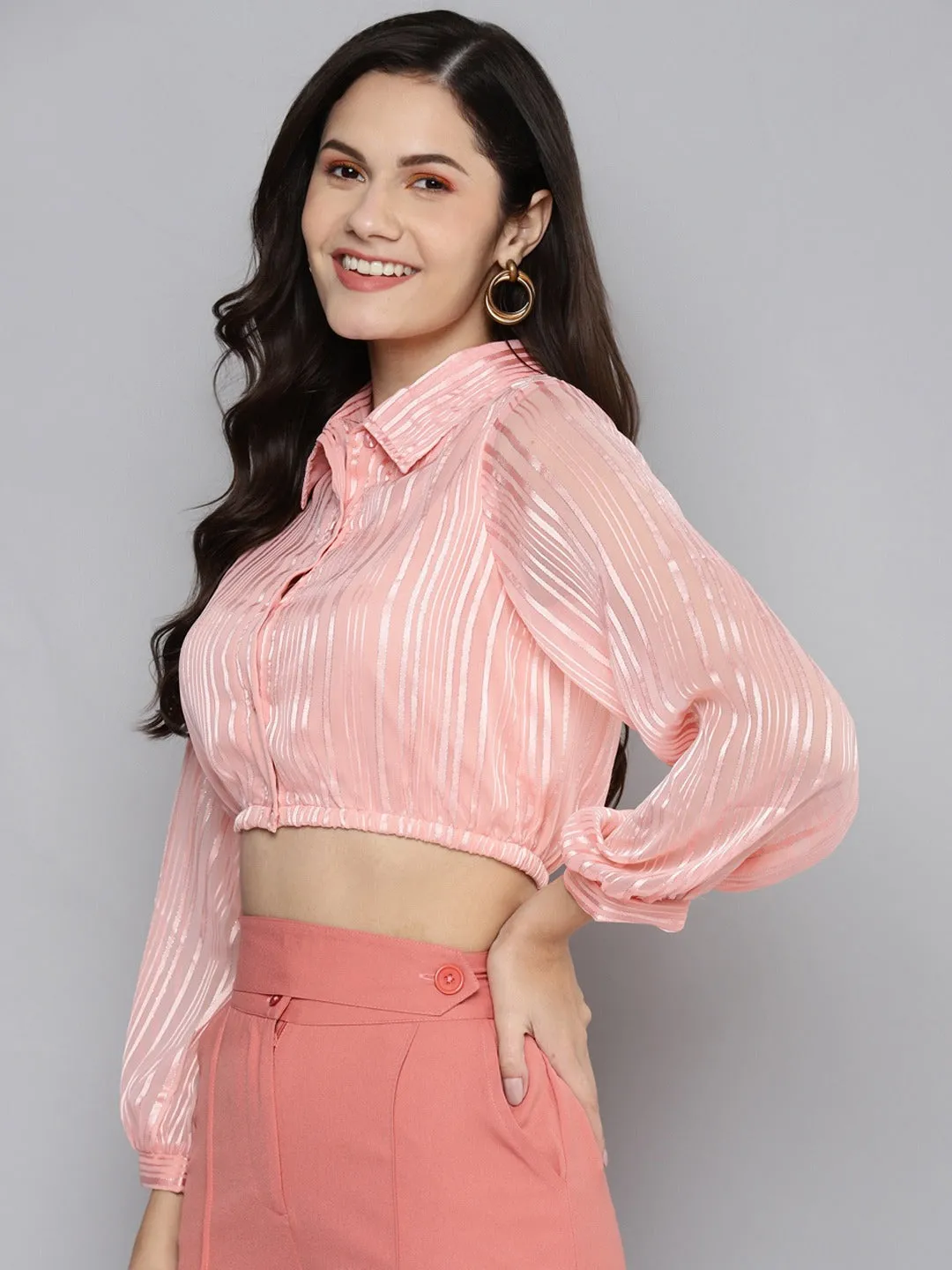 Women Pink Lurex Crop Shirt Top