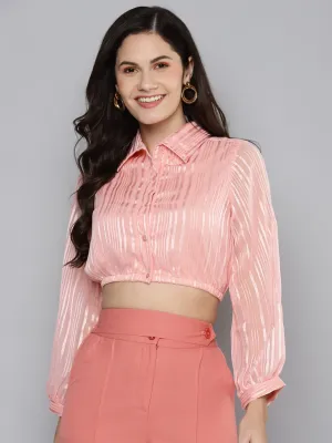 Women Pink Lurex Crop Shirt Top