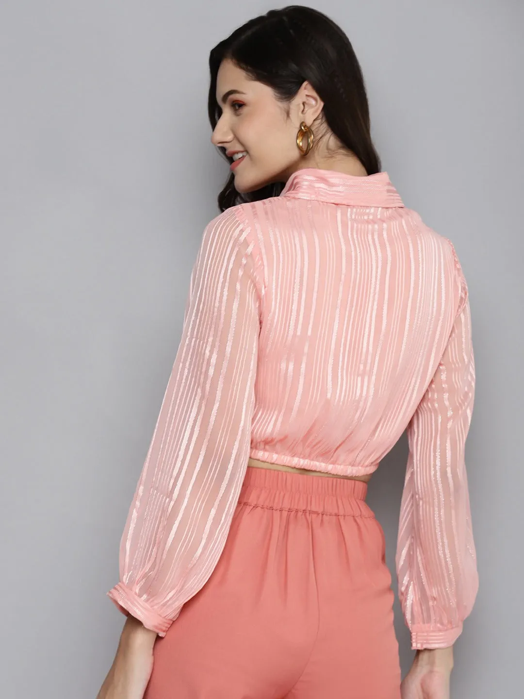 Women Pink Lurex Crop Shirt Top