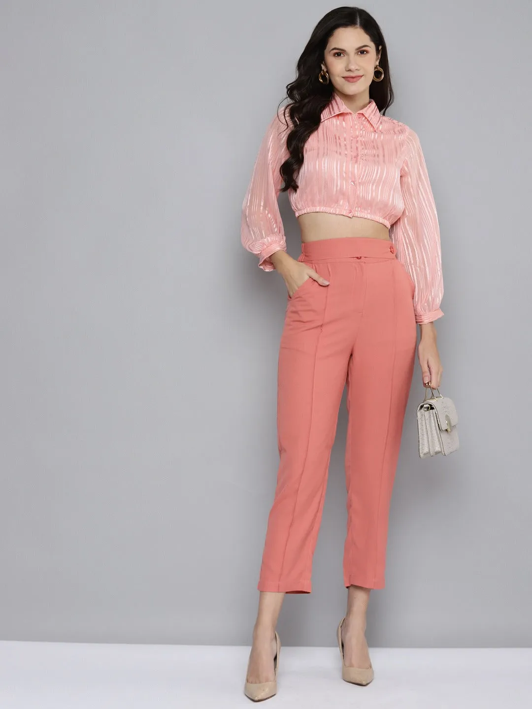 Women Pink Lurex Crop Shirt Top