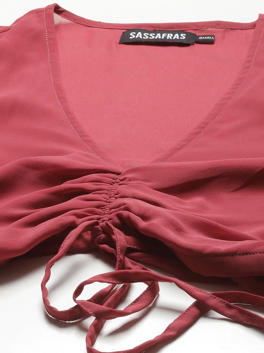 Women Rose Pink Front Ruched Crop Top