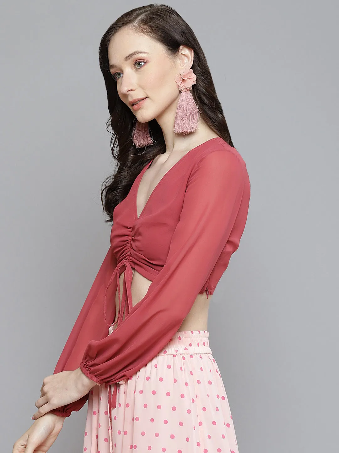 Women Rose Pink Front Ruched Crop Top