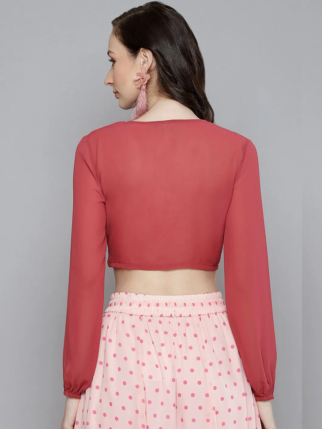 Women Rose Pink Front Ruched Crop Top