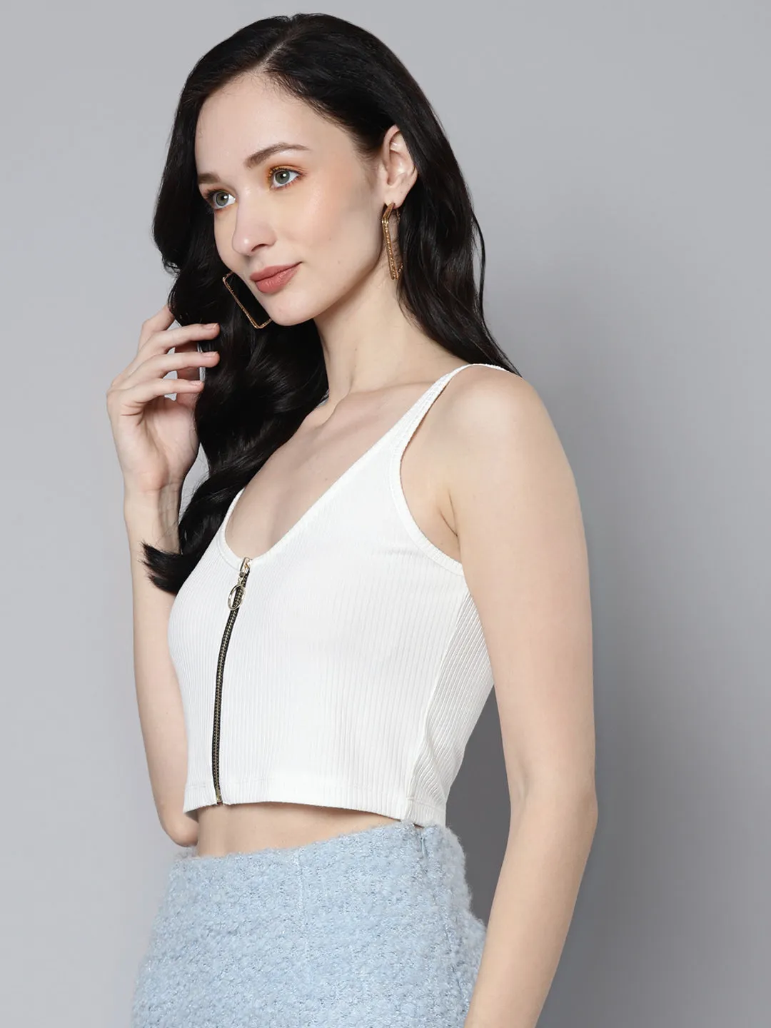 Women White Rib Front Zipper Crop Top