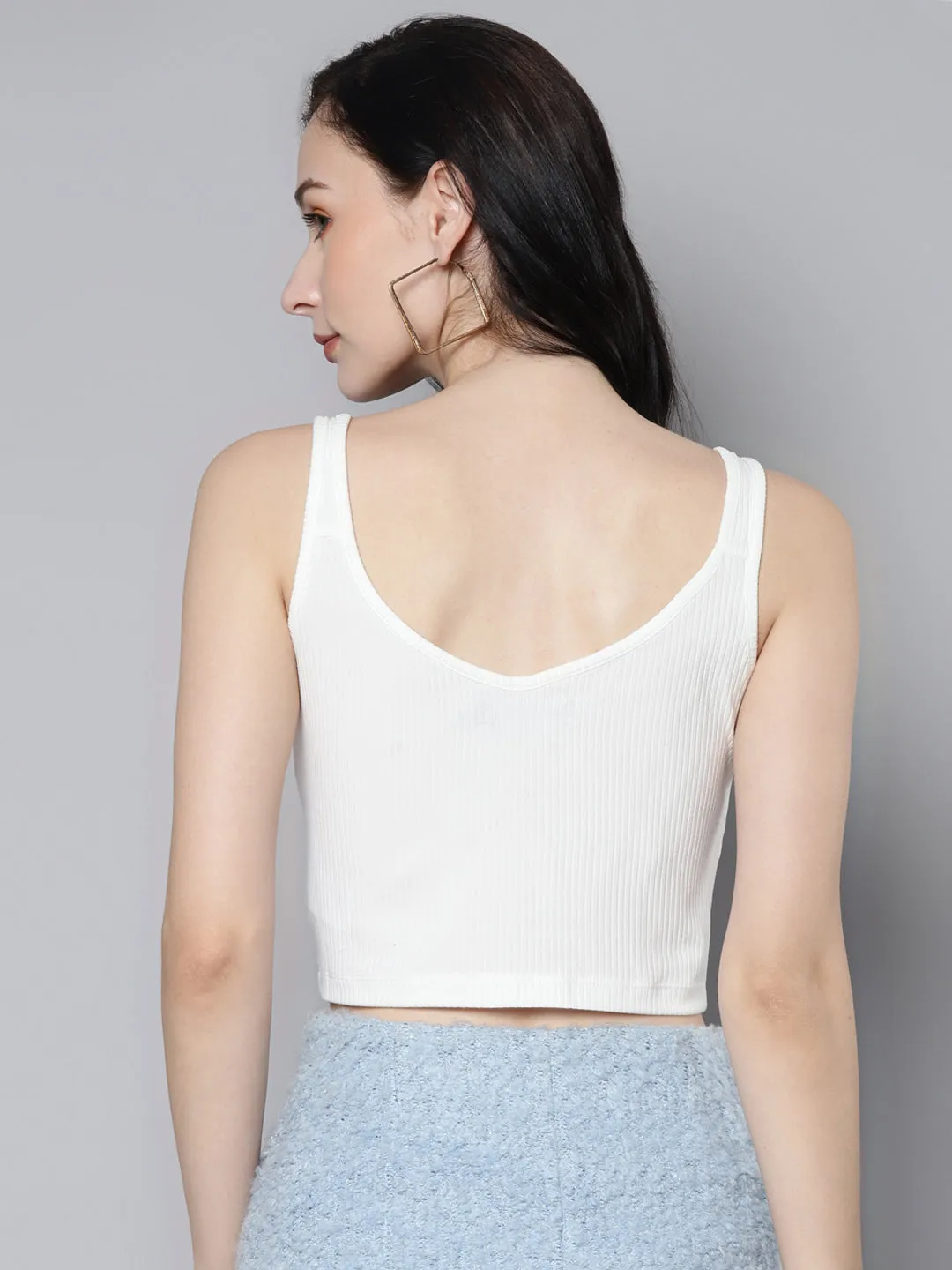 Women White Rib Front Zipper Crop Top