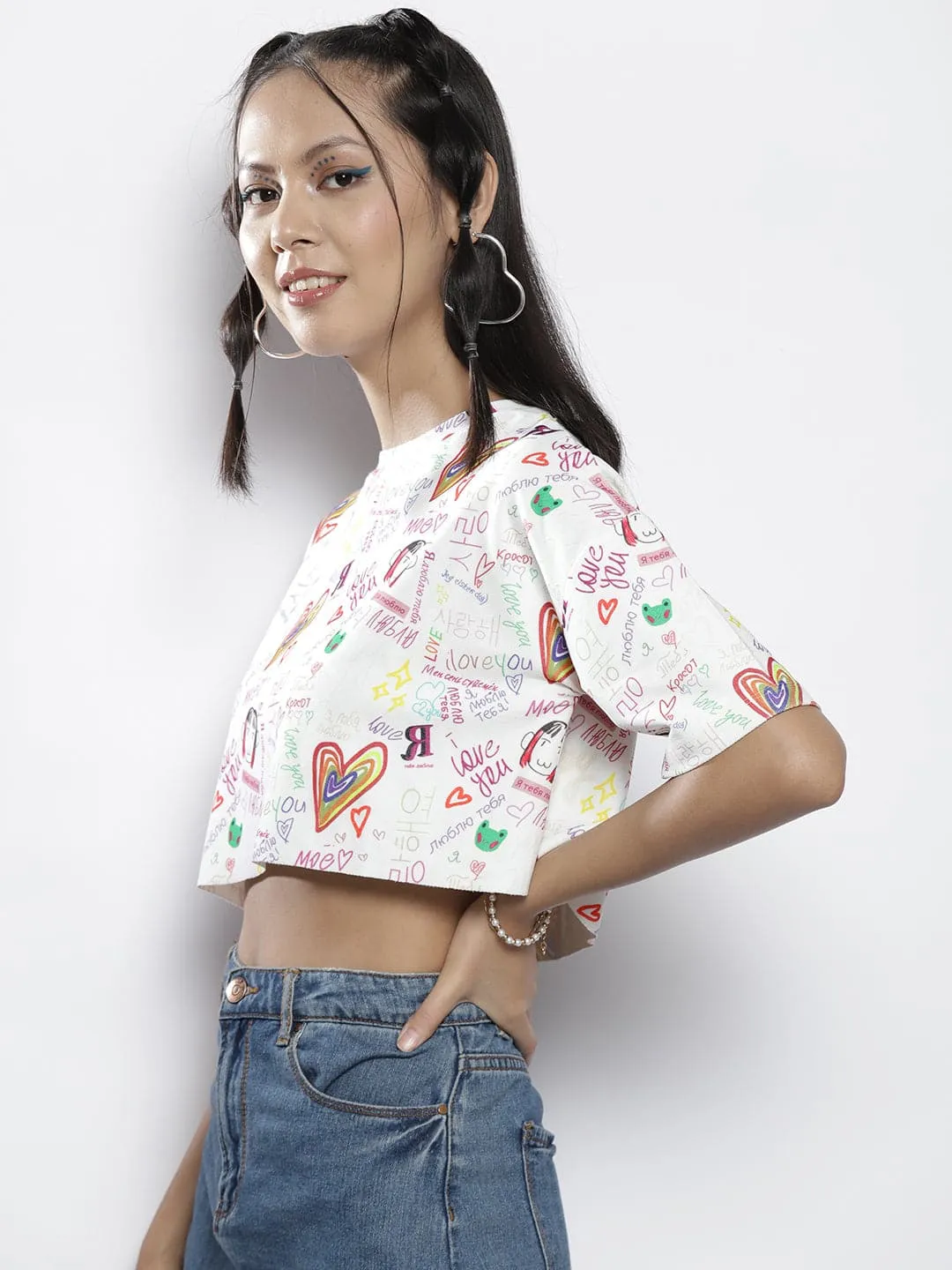 Women White Text Print Boxy Crop Top