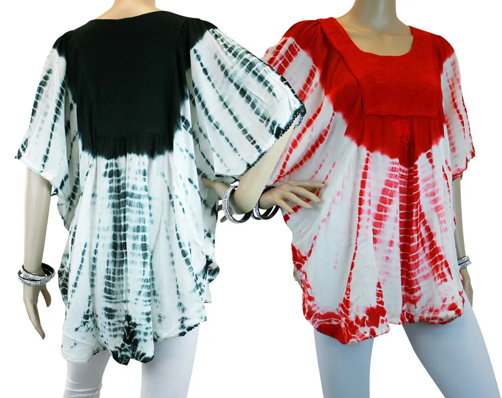 Womens Batik Embroidered Scoop Neck Batwing Poncho Blouse