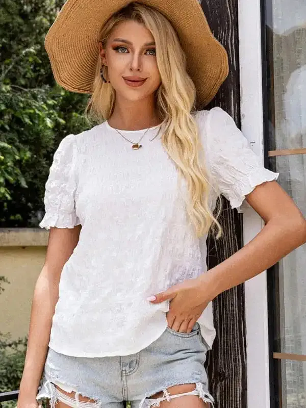 Women’s New Casual Fashion Resort Style Solid Color Round Neck Ruffle Sleeve Top