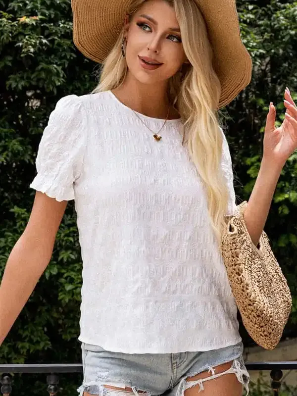 Women’s New Casual Fashion Resort Style Solid Color Round Neck Ruffle Sleeve Top