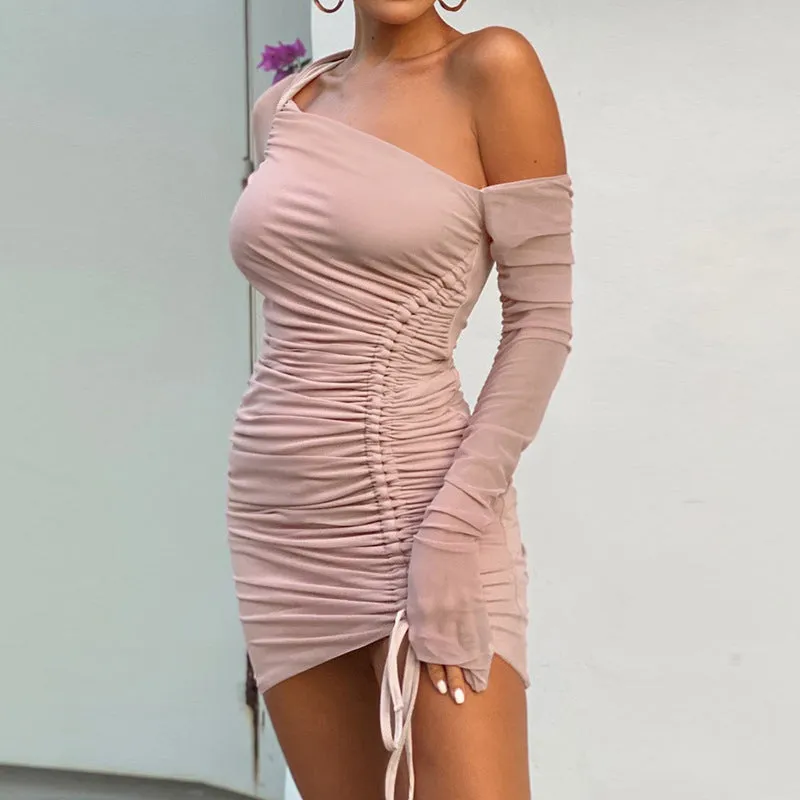 Women's sexy mesh slanted shoulder off-the-shoulder see-through pleated dress